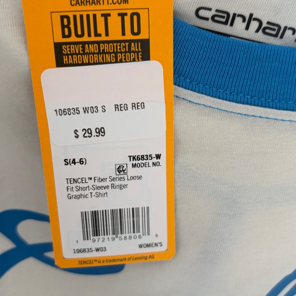 New!! Carhartt women's Cream and Blue Logo T-Shirt - Picture 8 of 12